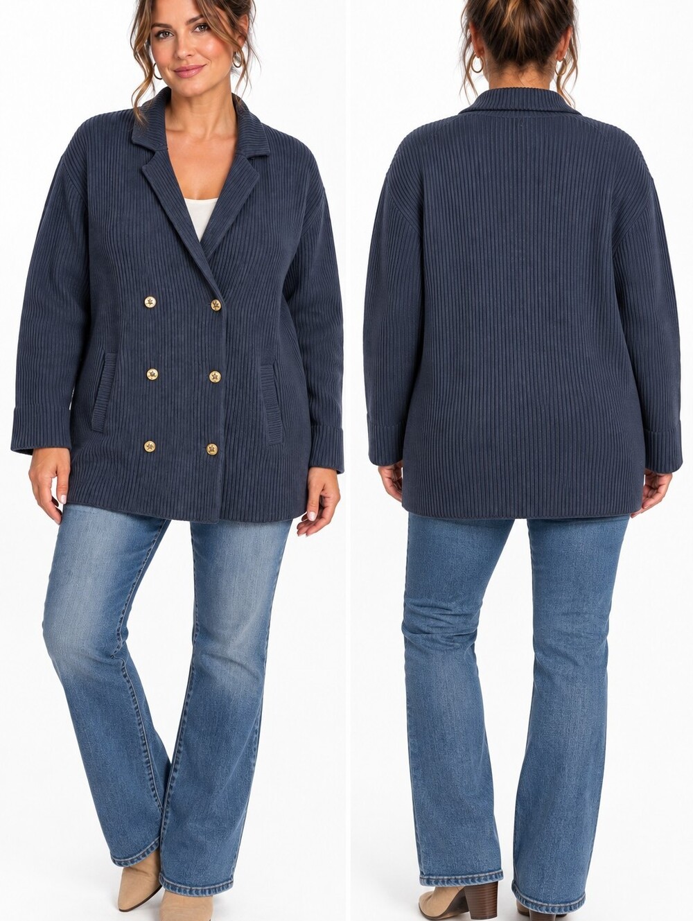 Lauren Ralph Lauren Navy Ribbed Cotton Double Breasted Sweater Blazer 3X EUC - Picture 3 of 11